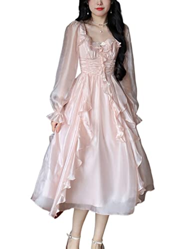 Robe de soirée style coréen rose pastel à manches bulle pour gala d'été
