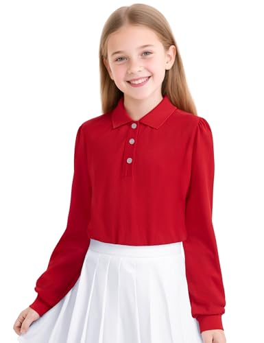 KEREDA Long Sleeve Uniform Shirts for Girls Cotton School Polo Shirts with Button for Kids Red 5-6 Years