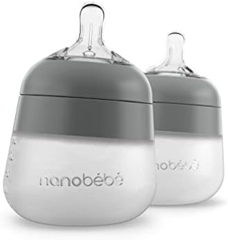 Nanobébé Flexy Silicone Baby Bottle, Anti-Colic, Natural Feel, Non-Collapsing Nipple, Non-Tip Stable Base, Easy to Clean 2-Pack, Grey 150ml