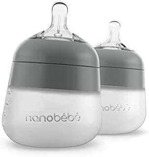 Nanobébé Flexy Silicone Baby Bottle, Anti-Colic, Natural Feel, Non-Collapsing Nipple, Non-Tip Stable Base, Easy to Clean 2-Pack, Grey 150ml