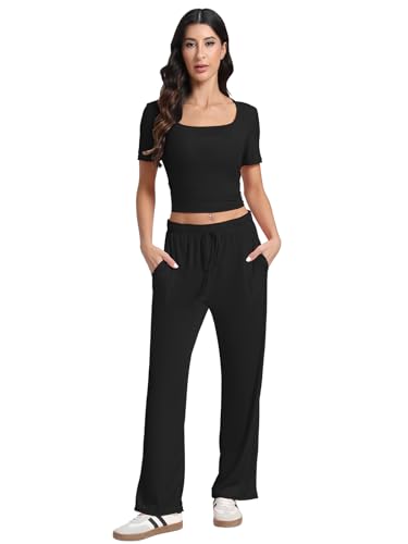 Women's 2 Piece Set Summer Outfits I Lounge Sets Short Sleeve Tops I High Waisted Wide Leg Pants Tracksuit Sets4