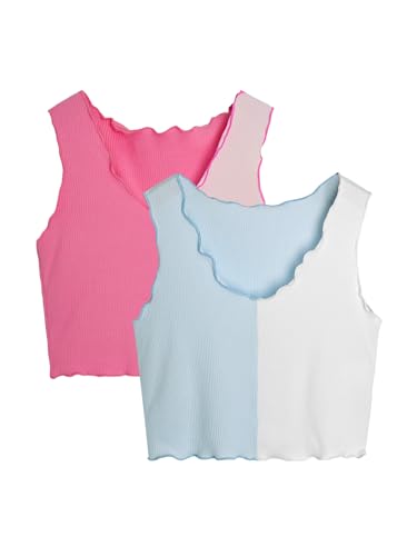 Milumia Girl's 2 Pack Color Block Ribbed Tank Tops V Neck Lettuce Trim Crop Tops Set