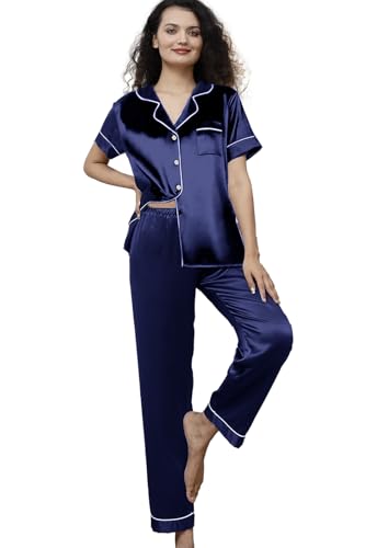 Image of WJing Yi Jia Womens Pajamas Set XS-4XL Floral Silk Satin Pajama Sets Silky Pj Sets 2Pcs Loungewear Sleepwear Button Down Pjs