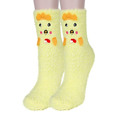 fuzzy chicken socks - Women Fuzzy Novelty Slipper Socks Girls Funny Winter Warm Fleece Cozy Fluffy Soft 3D Cartoon Animal Cute Crew Socks Kawaii Home Sleeping Hospital Socks Gift,1 Pack-yellow Chicken