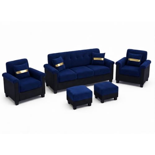 Image of FURNY Woodswave 5 Seater Sofa Set with Velvet Fabric, 3+1+1+2 Puffy Sofa Set for Living Room (Blue-Black) | Durable & Comfortable | Ideal for Living Room