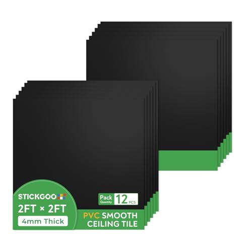 Image of STICKGOO Black Drop Ceiling Tiles 2ft x 2ft, Waterproof PVC Ceiling Panels, Fire Resistant and Washable Smooth Ceilings Decor Coverings 24 x 24in - 12 Pack Cover 48 Sq. Ft