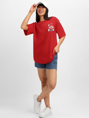 Image of JUNEBERRY Pure Cotton Oversized Baggy Fit Round Neck Drop Shoulder Swan White Back Graphic Printed T-Shirt for Women /Girls