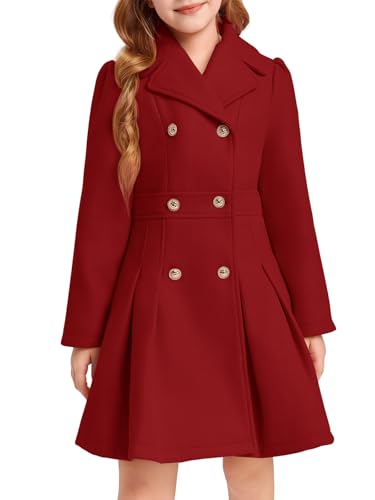 Image of Haloumoning Girls Winter Dress Coat Button Peacoat Notch Lapel Double Breasted Outerwear with Pockets 5-14 Years, Red, 10-12 Years