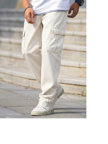 Image of QNIM Cargo for Men | Loose Fit White Denim Jeans | Stylish Cotton Multi-Pocket Casual Styling Pant | Trendy Straight Leg Comfortable Utility Streetwear Trousers (Q-04-05)