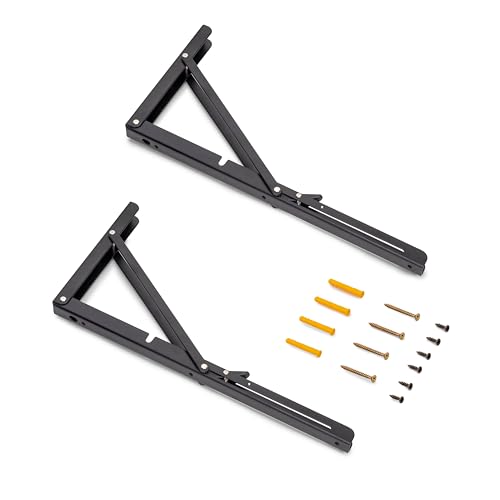 Emuca - Soportes plegables para estante, juego de 2 escuadras abatibles, 403mm, carga máx. 60kg, Pintado negro, Acero