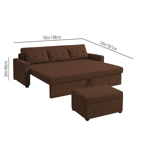 Image of Emilio 3 Seater with Ottomon Pull-Out Sofa Cum Bed (Brown Color) Premium Fabric Sofa Set for Living Room | Bedroom