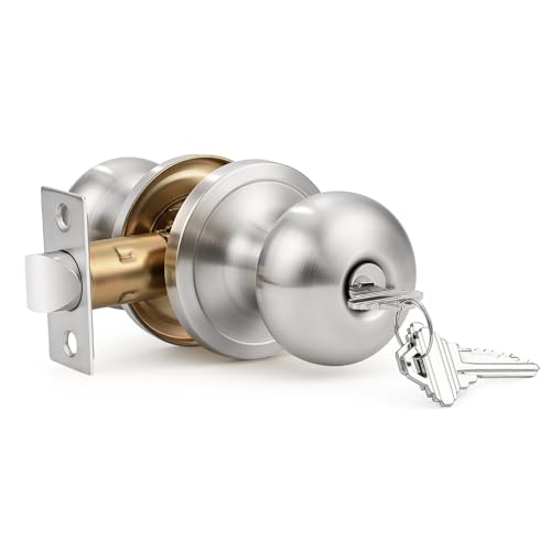 Lepushom 1 pomo de puerta de entrada con llave y cerradura de níquel cepillado para puertas exteriores o interiores, pomos redondos estándar de diseño clásico