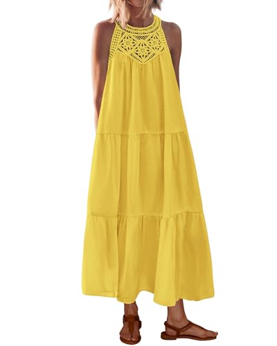 Image of BTFBM Halter Summer Dresses for Women 2026 Casual Spring Hollow Out Sleeveless Boho Sundresses Beach Vacation Maxi Dress