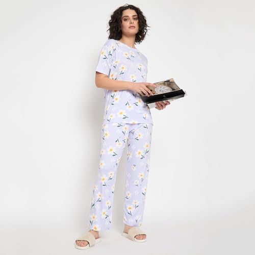 Image of CAMEY Women's Printed Pyjama Set, Short Sleeve T-Shirt and Trousers, Women Nightsuit, Loungewear Sets