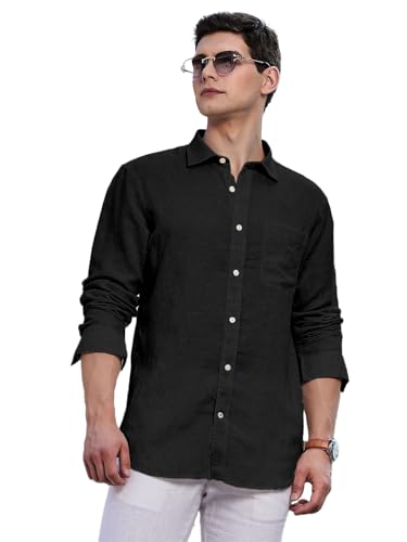Image of Classic Black Linen Cotton Button-Down Shirt, Full Sleeves, Slim Fit, Casual Wear