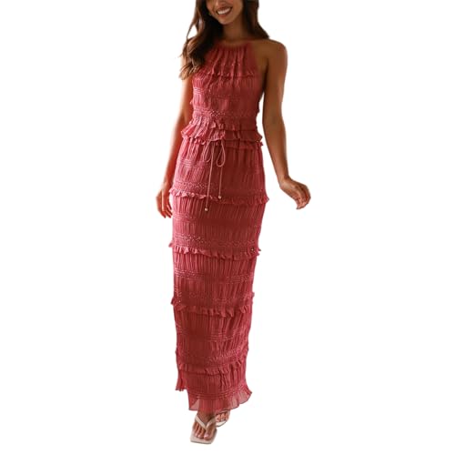 FEORJGP Women Summer 2Pcs Skirt Set Tracksuit Halter Neck Tank Top with Ruffle Tiered Long Skirt 2 Piece Skirts Set Beachwear