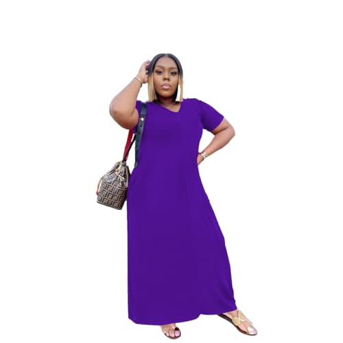Image of TOPSRANI Womens Plus Size Maxi Dresses for Women Oversize Casual Short Sleeve V Neck Loose Plain Solid Trendy Summer Dress