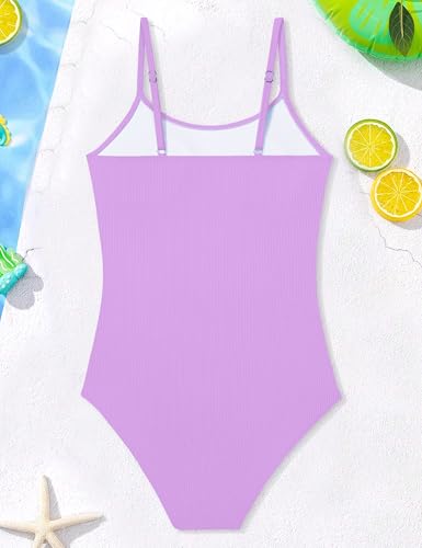 Image of AGAPENG Girls Swimsuit One Piece Ruched Solid Color Bathing Suit for Girls Ribbed Adjustable Straps Pad Swimwear 9-16Y