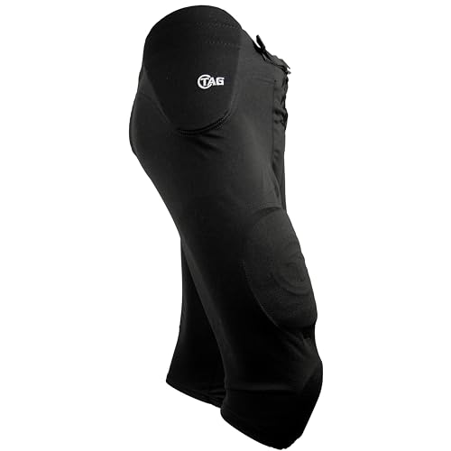 TAG Adult Integrated Football Pant - Sewn-in Hip, Thigh, Tail and Knee Pads - 3-Piece Back - Open Fly with Elastic and Half Web Belt - Great for Football Practice - Black - Small