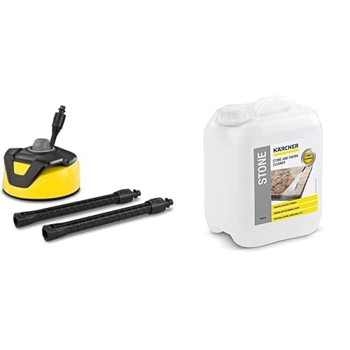Kärcher Flächenreiniger T-Racer T 5 (Spritzwasserschutz, für große Flächen, Zwei Flachstrahldüsen, Handgriff für senkrechtes Arbeiten) & Stein- und Fassadenreiniger (5 l), Stone Cleaner