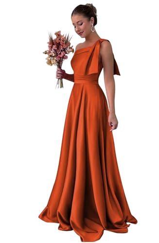 One Shoulder Satin Bridesmaid Dresses for Women with Pockets Bow Strap Long Prom Formal Dress