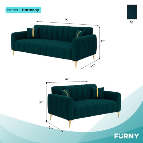 Image of Furny Harmon 5 Seater Fabric 3+2 Sofa Set (Greenish Teal) | Soft Velvet Fabric | Modern Design | Comfortable Seating | Living Room Furniture