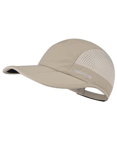 GADIEMKENSD Men Outdoor Hat Reflective Folding Running Sport Hats Summer Cool UPF 50 Sun Unstructured Baseball Caps for Men Women Breathable Light Quick Dry Travel Golf Hat Khaki