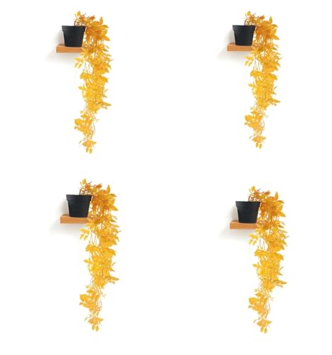 Image of PAPERI Artificial Hanging Plant for Home Decor - Balcony Decoration Items, Fake Plant, Plastic Vine Leaves with Pot, Long Green Leaf Vines for Living Room, Wall, Window (Yellow, Pack of 4)