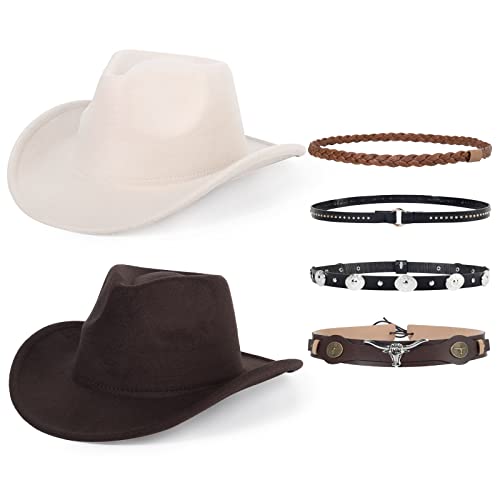 Image of 2 Pack Western Cowboy Hats for Women Men 4 Different hat Bands | Classic Felt Wide Brim Costume Cow Boy Hat Curved Brim Cowgirl Hat