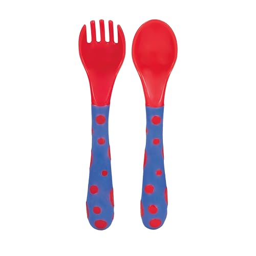 Image of Nuby Toddler Spoons and Forks Set for Self-Feeding - 4 Pack - Toddler Utensils with Easy Grip Handles for Kids - Dishwasher Safe - 12+ Months - Red /Blue & Lavender /Green