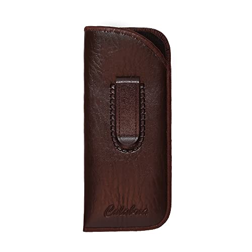 Calabria Slim Eye Glasses Case w/Clip Soft PU Leather Brown Men Women Eyeglasses Pouch Slip-In Eyewear Holder Sunglass Bag
