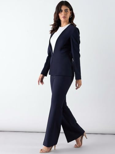 Image of Powersutra Women's Navy Blue Minimalist Regular Fit Blazer with Trousers in Stretchable Fabric | Casual Wear | Formal Suit | Single-Breasted Blazer with Collarless Neck & Button Closure for Office