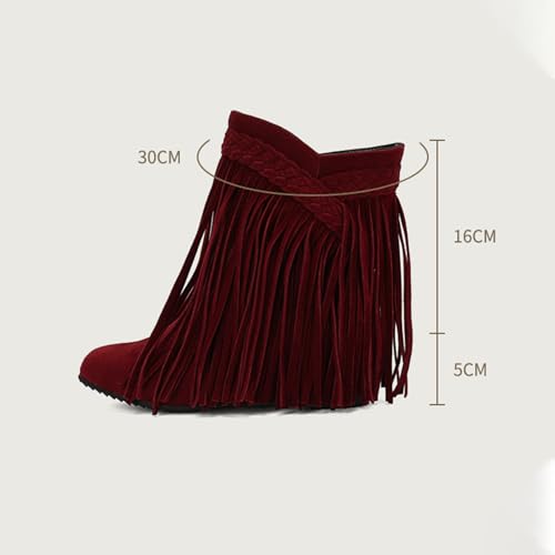 Women's Suede Tassels Mid Calf Boots Outdoor Western Fringe Cowgirl Booties Retro Pointed Toe Internal Height Increase Slip-on Ankle Boots3