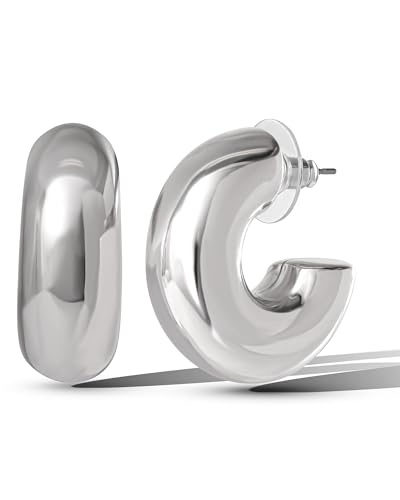 Jessica Simpson Chunky Hoop Earrings for Women, Silver-Tone Hoops Thick Half Circle
