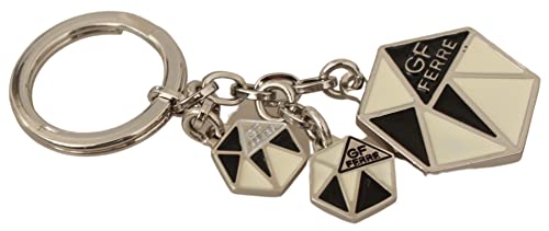Porte-clés en acier bicolore beige et noir avec anneau métallique robuste