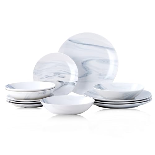 Image of Bestone 12-Piece Round Kitchen Dinnerware Set, Plates, Bowls, Service for 4, Blue and White Marble