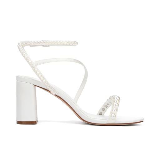Women's Pearl Embellished Ankle Strap Sandals, Block Heel, White Satin, Wedding Party Shoes,3.3 Inches4