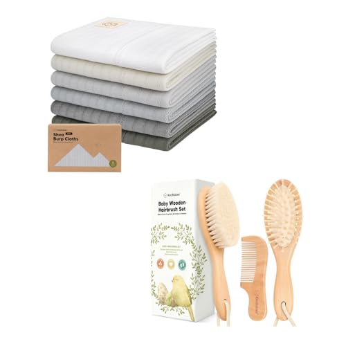 KeaBabies 6-Pack Baby Burp Cloths for Boys and Girls and Baby Hair Brush and Comb Set - Large Burp Cloths, Burping Clothes for Newborn - Wooden Brush with Soft Goat Bristle