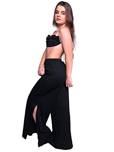 Calça Pantalona 4 Estações Feminino Canelado Cintura Alta Moda (PRETO, G)