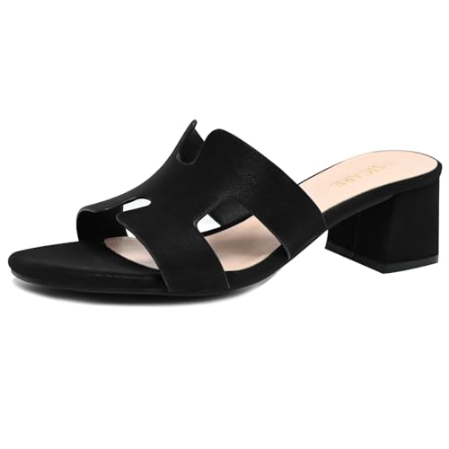 Square Open Toe Strappy Heels Sandals Low Block Chunky Heeled Sandals Slip On Slide Mules Sandals Comfortable Casual Black White Tan Dress Sandals for Women, Black, Size 8