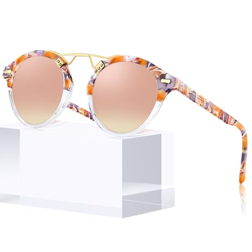 CARFIA Small Pink Mirrored Double Bridge Acetate Sunglasses for Women