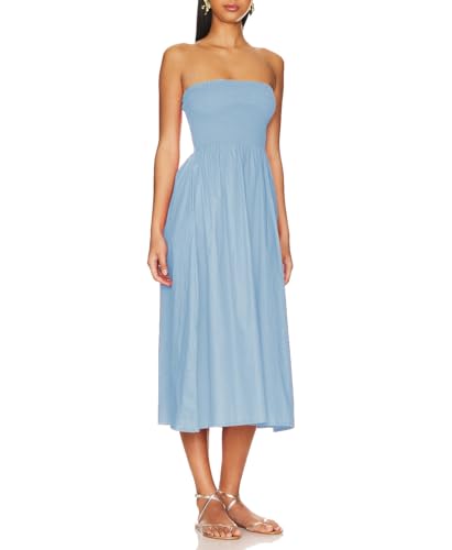 Image of Women Strapless Smocked Flowy Swing Boho Maxi Dress Tube Top Beach Dress | Smocked Bodice Flowy A Line Beach Dress with Pocket Casual Vacation Beach Wedding Guest Dress Off Shoulder Boho Dresses