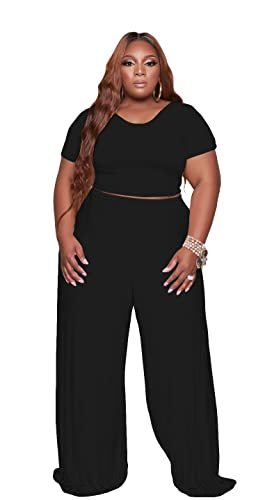 Women's Plus Size Two Piece Outfits Sweatsuits Sets Sexy Backless Short Sleeve Tops Wide Leg Pants Tracksuit Sets