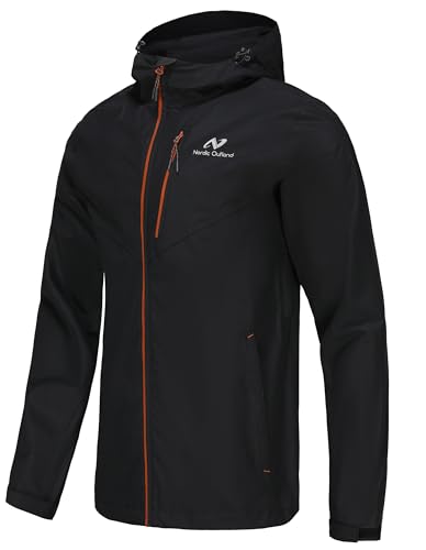 NORDIC OUTLAND Veste de pluie légère à capuche imperméable et respirante pour homme pour randonnée en montagne (FR/ES, Alpha, M, Regular, Regular, Black)