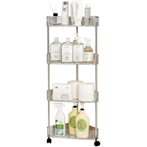 KQQKコーナー収納ラックキャスター付き三角棚収納カートコーナーシェルフ三角扇形浴室収納ラックコーナーラックシャワーラック水切り錆なしオープン大容量省スペース隙間収納お風呂浴室用 (4層,L)