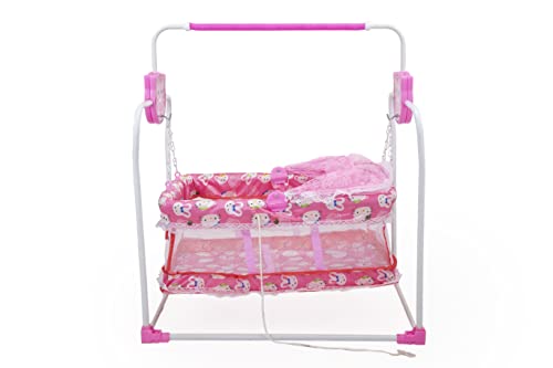 BABYBLESSING Alloy Steel Baby Cradle With Swing And Mosquito Net | Foldable | Sturdy And Safe | Durable | With Soft Mattress & Mosquito Net | Jhulla | Palna | Baby Swing | 0-15 Months | Pink