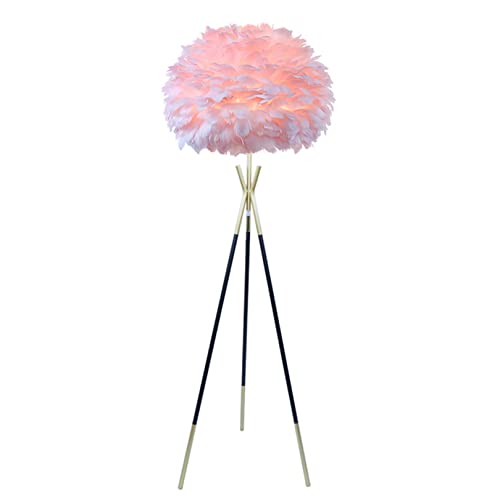 Lámpara de pie con pantalla de plumas blancas y trípode dorado para iluminación de salón