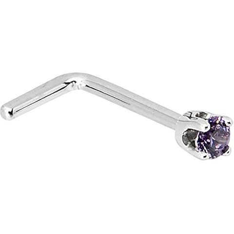 Anillo de nariz en forma de L de oro blanco sólido 14KT con Amatista Zirconia cúbico Cover