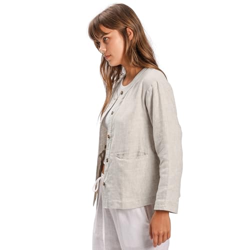Image of Amazhiyu Women's 100% Linen Long Sleeve Button Up Crew Neck Lightweight Cardigan