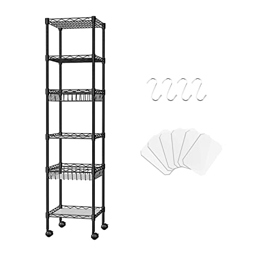 Taotigzu Estantería de Cocina de 6 Niveles con Ruedas ,estantería de Almacenamiento Ajustable,estantería Resistente con cestas para Cocina, baño, lavandería, Negro Cover